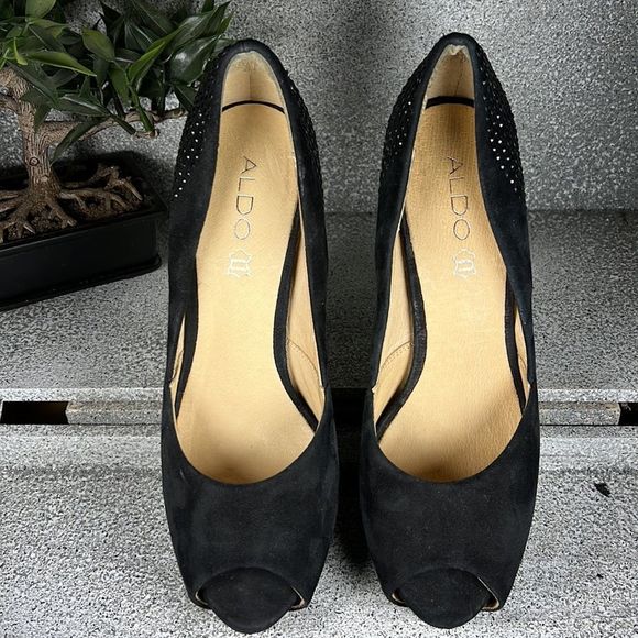 Aldo Eliers Black Rhinestone Embellished Peep Toe Pumps Heels Shoes Size 9 - Picture 2 of 10